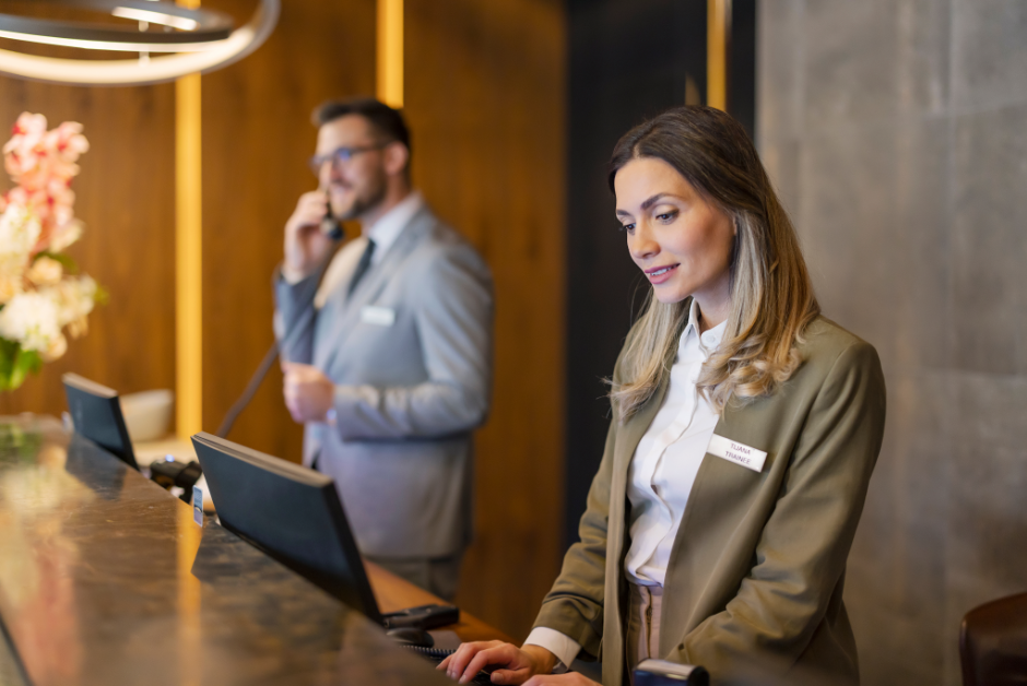 image of hotel staff at the front desk using integrated technology