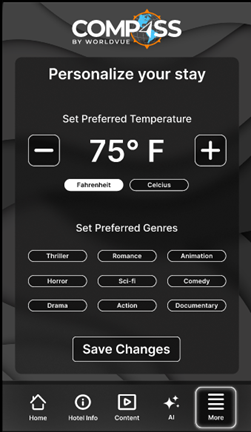 personalization screen on WorldVue Compass app