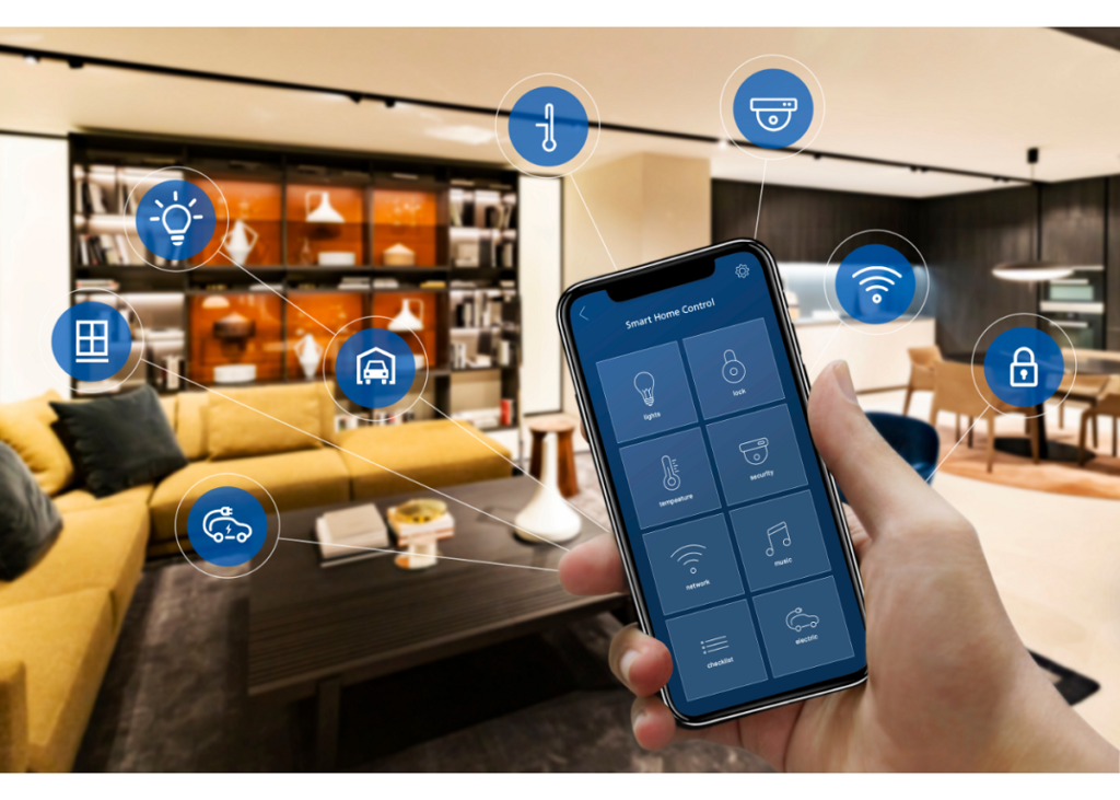person using mobile phone interface to control smart room devices