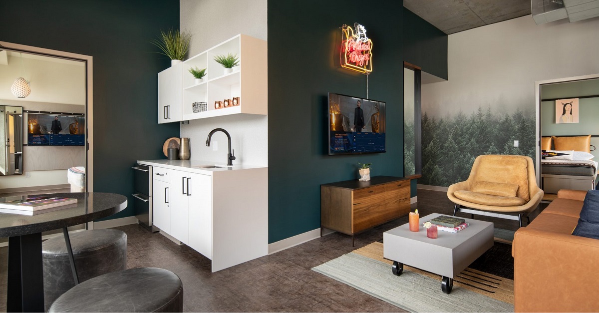 kitchen and living areas of suite