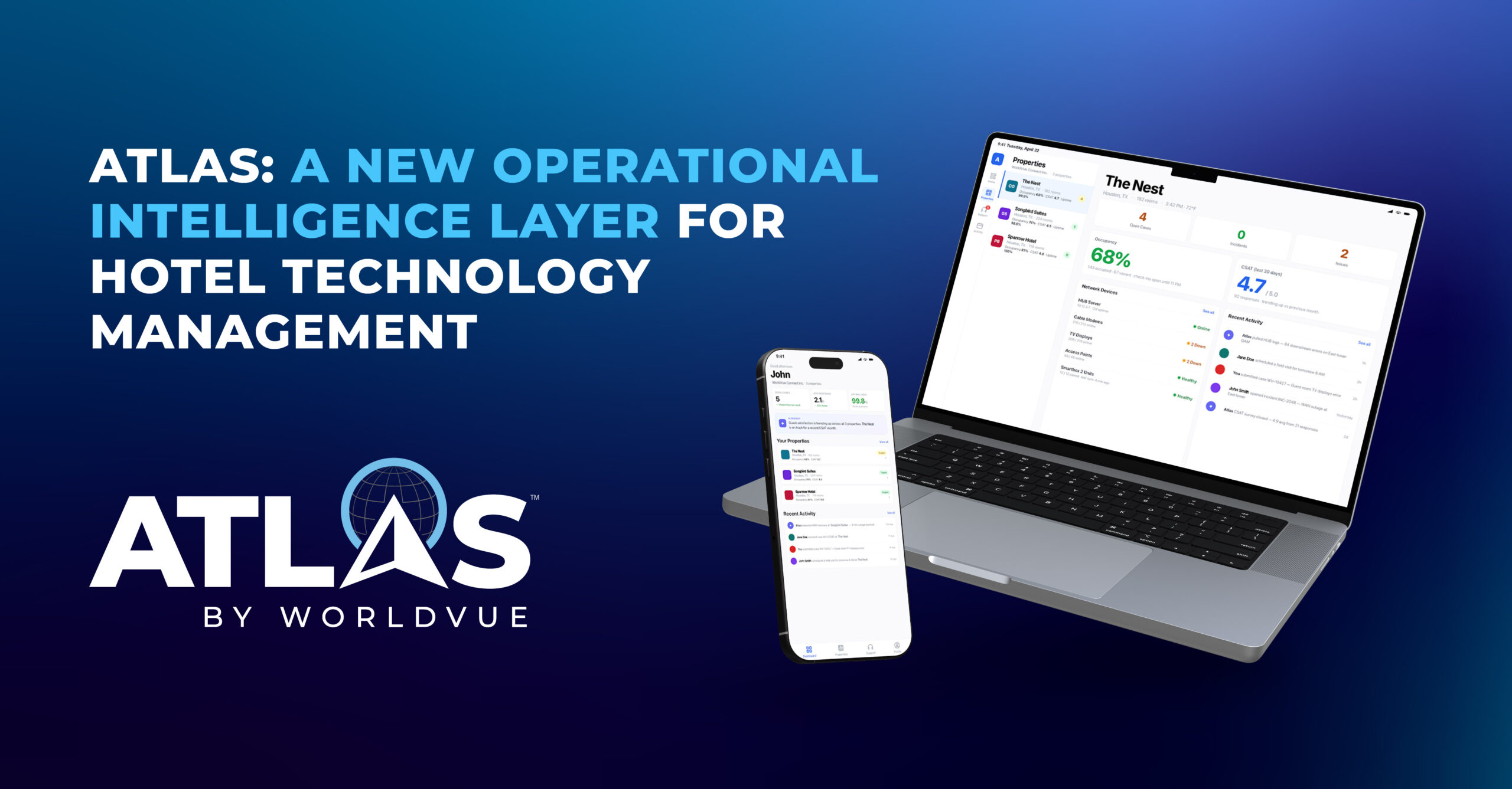 promo graphic for the WorldVue blog article titled "Atlas: A New Operational Intelligence Layer for Hotel Technology Management"