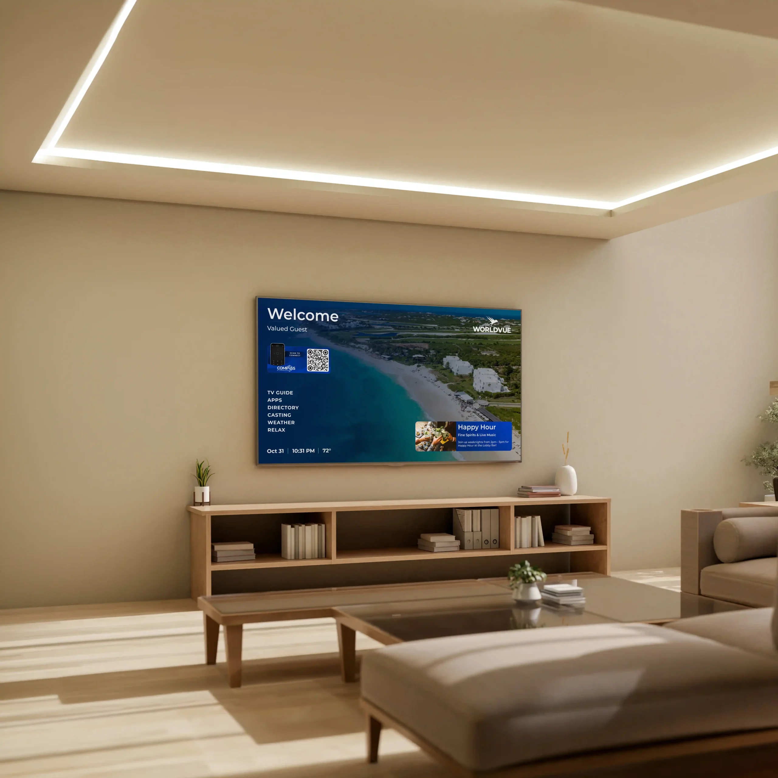 WorldVue HUB guest-room TV interface with property services and entertainment