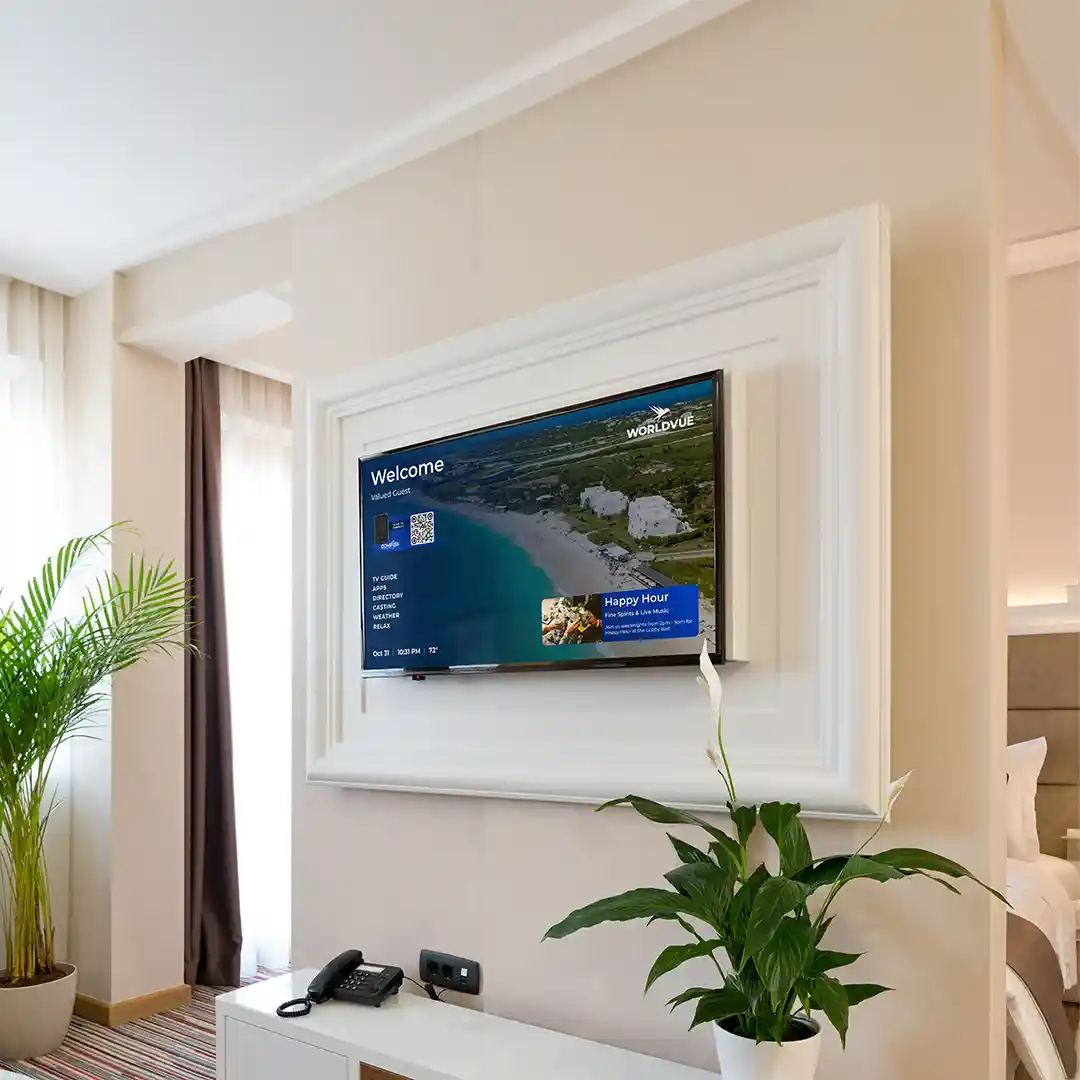 WorldVue HUB user interface displayed on an in-room hotel TV