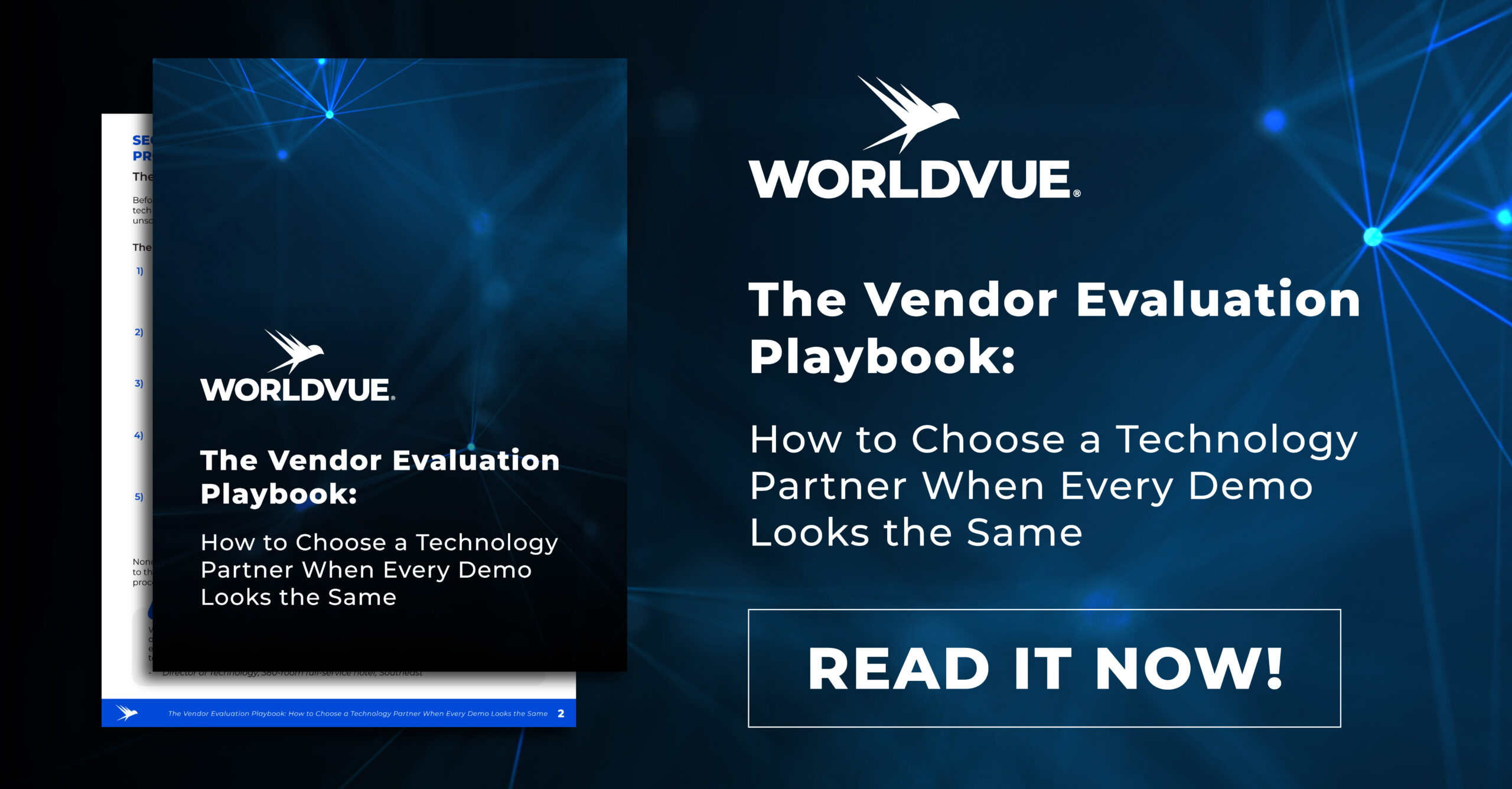 promo graphic for WorldVue Hospitality Innovation Insights newsletter issue #19, "The Vendor Evaluation Playbook: How to Choose a Technology Partner When Every Demo Looks the Same"