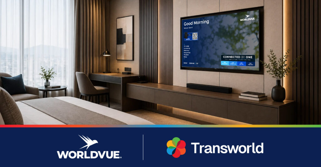 a hotel guest room showing a TV with WorldVue HUB; the WorldVue and Transworld logos are shown below the photo