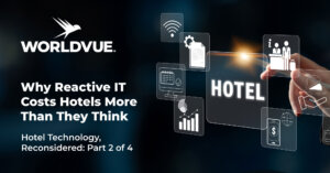 promo graphic for the WorldVue blog titled "Why Reactive IT Costs Hotels More Than They Think- Hotel Technology, Reconsidered: Part 2 of 4"