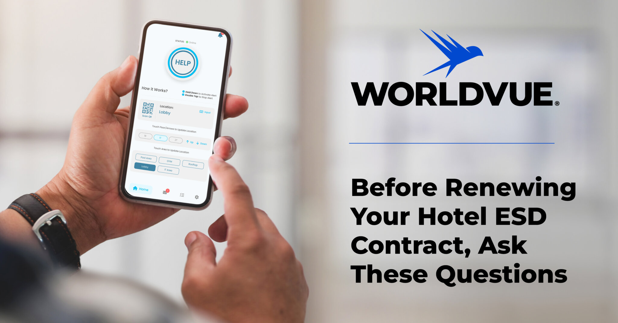 promo graphic for the WorldVue blog titled "Before Renewing Your Hotel ESD Contract, Ask These Questions"