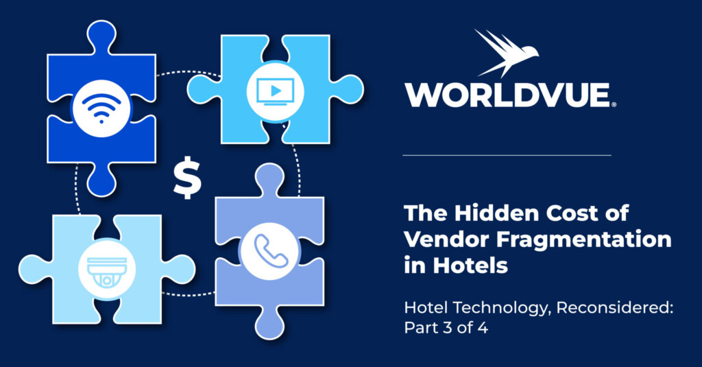 promo graphic for the WorldVue blog titled "The Hidden Cost of Vendor Fragmentation in Hotels - Hotel Technology, Reconsidered: Part 3 of 4"