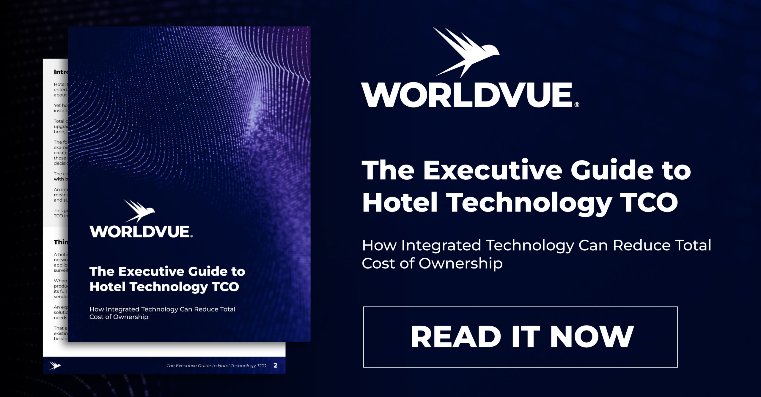 promo graphic for the WorldVue white paper titled "The Executive Guide to Hotel Technology TCO: How Integrated Technology Can Reduce Total Cost of Ownership"